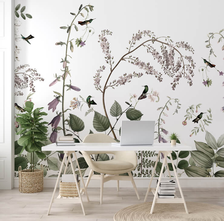 hummingbirds hedge wallpaper mural in a home office