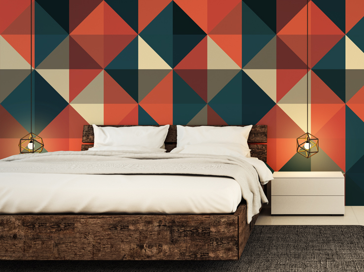 retro red and blue geometric wallpaper mural in a bedroom retro red and blue geometric wallpaper mural in a bedroom