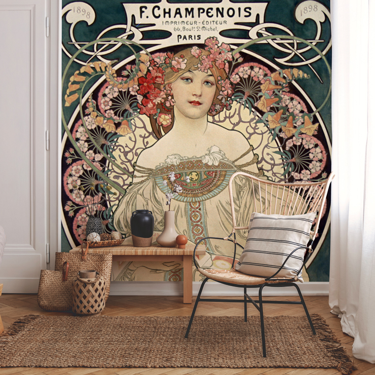 mucha fine art wallpaper mural in a living room mucha fine art wallpaper mural in a living room