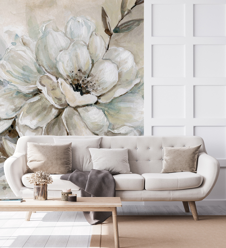 neutral bloom bright wallpaper mural in a living room