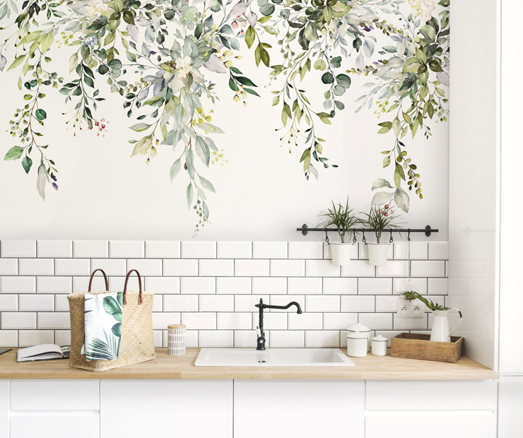 herbal branch leaves bright wallpaper in a kitchen