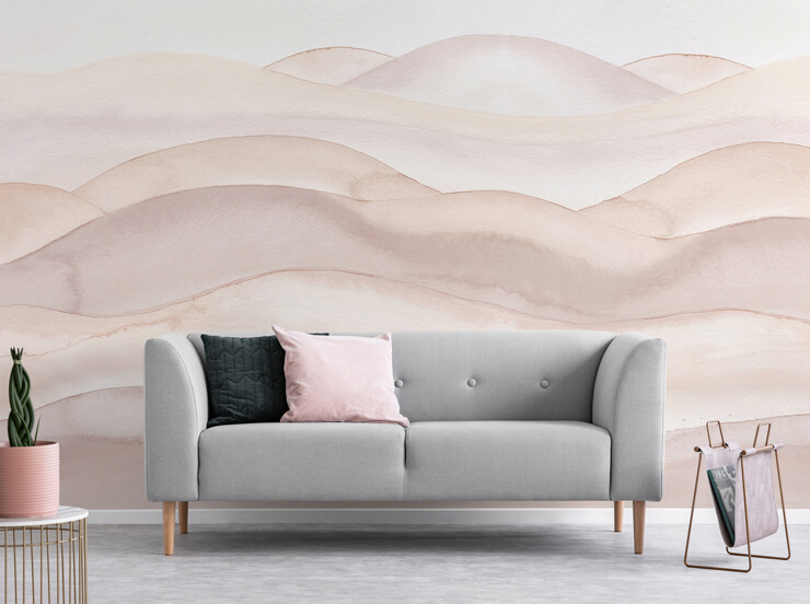peach ombre watercolour landscape mural for a studio apartment