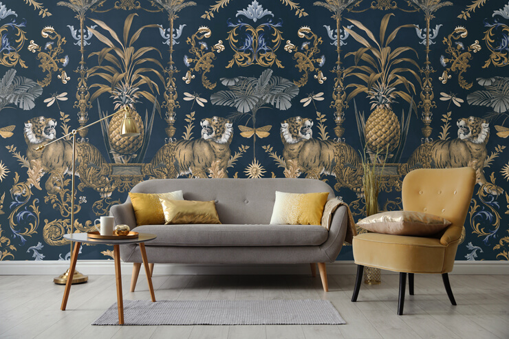 ornamental tiger blue wallpaper mural for lounge decor ornamental tiger blue wallpaper mural for lounge decor