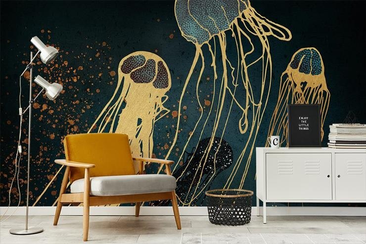 black and gold dancing jellyfish wallpaper by spacefrog designs black and gold dancing jellyfish wallpaper by spacefrog designs