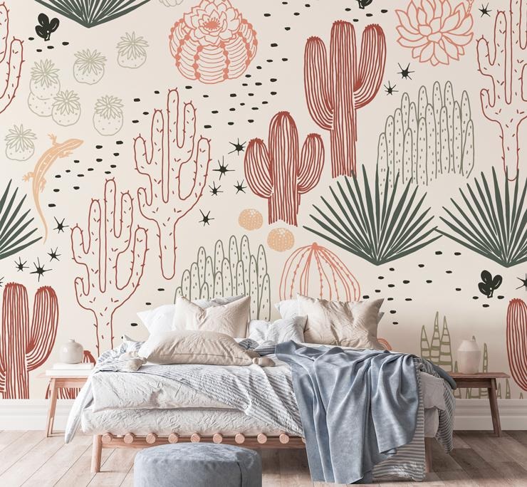 cacti desert doodles wall mural in a bedroom cacti desert doodles wall mural in a bedroom