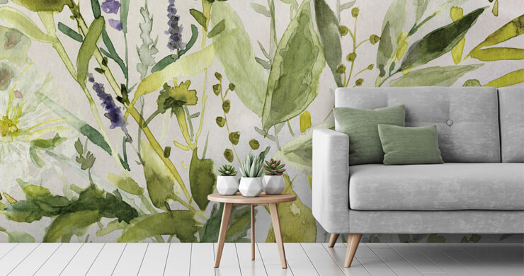 olive green botanical wallpaper mural in a living room olive green botanical wallpaper mural in a living room