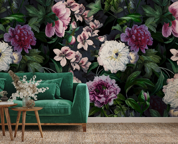 dark green floral wallpaper mural in a living room dark green floral wallpaper mural in a living room