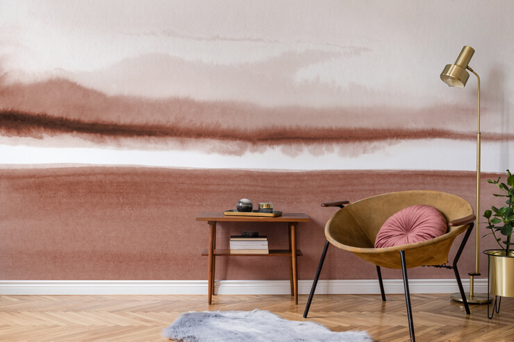 terracotta abstract wall mural called distant views in a cosy reading nook terracotta abstract wall mural called distant views in a cosy reading nook