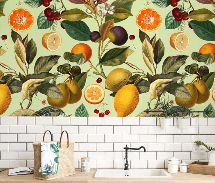 succulent fruits maximalist wallpaper mural in a kitchen succulent fruits maximalist wallpaper mural in a kitchen