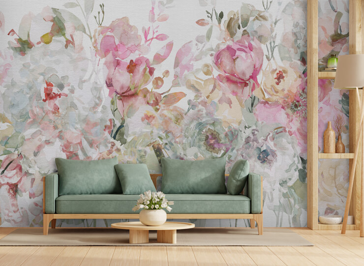 floral confetti collage wallpaper mural in a living room floral confetti collage wallpaper mural in a living room