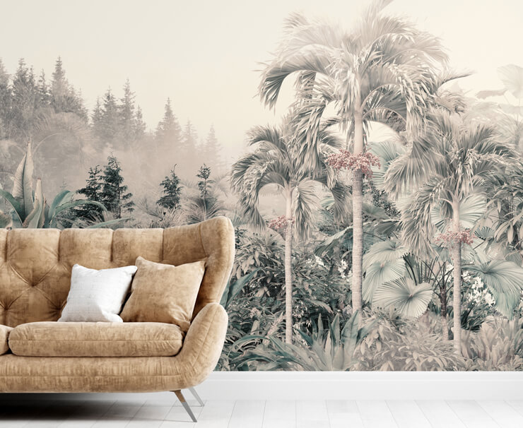 hazy paradise vintage jungle wallpaper mural in a living room hazy paradise vintage jungle wallpaper mural in a living room