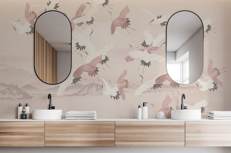 vintage pink cranes japanese style wall mural in a bathroom vintage pink cranes japanese style wall mural in a bathroom