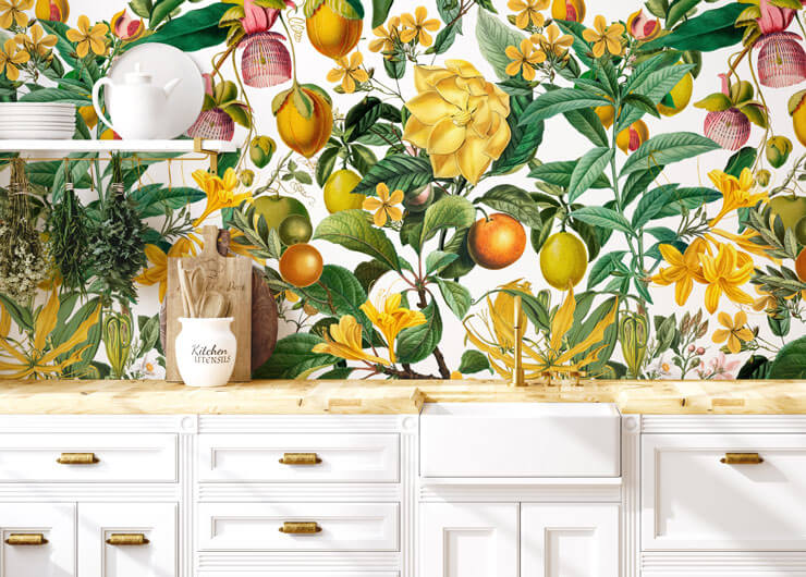 yellow fruit and flower temporary maximalist wall mural in a kitchen yellow fruit and flower temporary maximalist wall mural in a kitchen