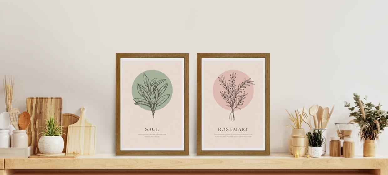 herb prints in kitchen