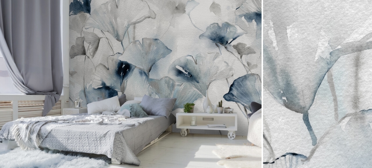 navy floral mural in bedroom