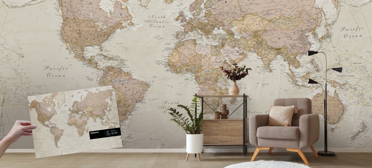 sample of wallpaper against map wall mural in living room