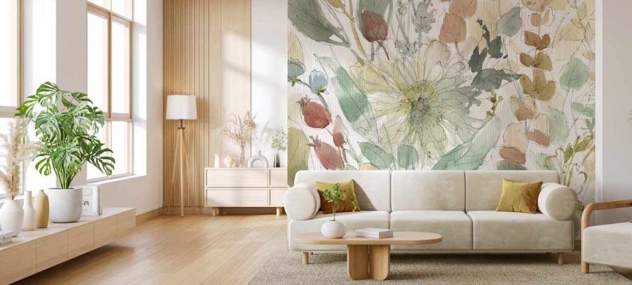 floral wallpaper mural in living room