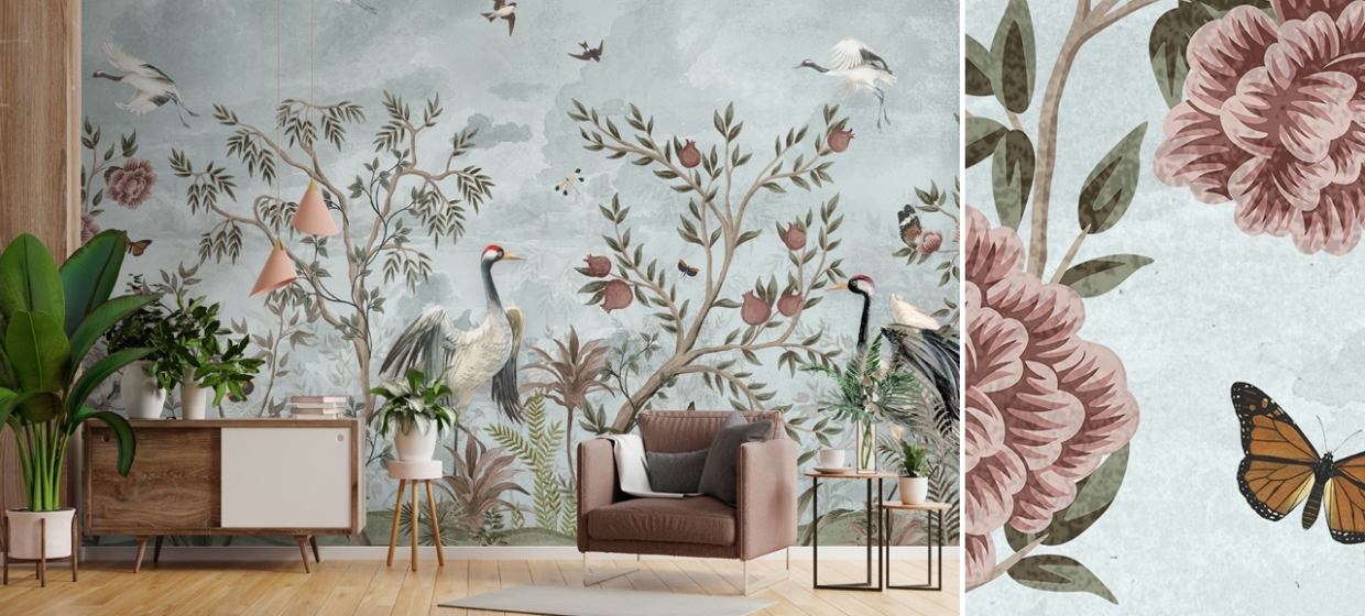 vintage chinoiserie mural in living room