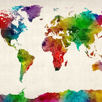 watercolour world map mural by Michael Tompsett