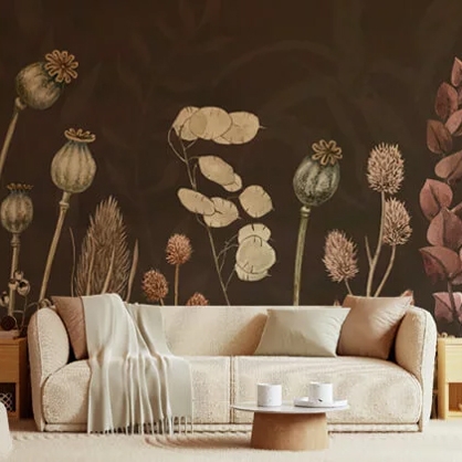 brown wallpaper mural in a stylish living room
