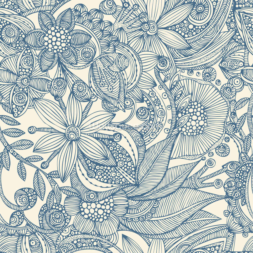 blå og hvid illustration vægmaleri kaldet Flowers and Doodles Blue til soveværelser og stuer blå og hvid illustration vægmaleri kaldet Flowers and Doodles Blue til soveværelser og stuer