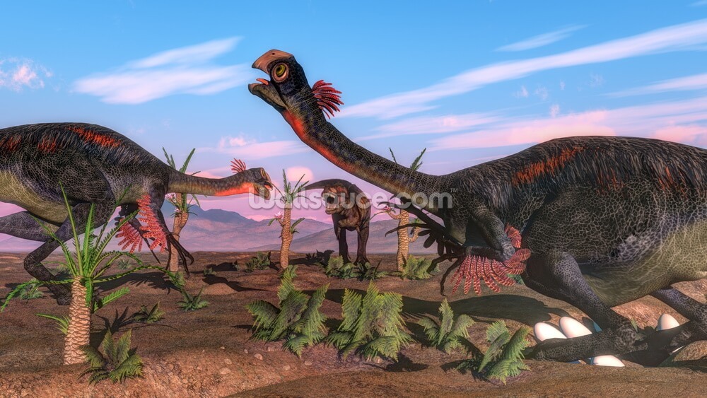 T-Rex Attacking Gigantoraptor Dinosaur Wallpaper | Wallsauce UK
