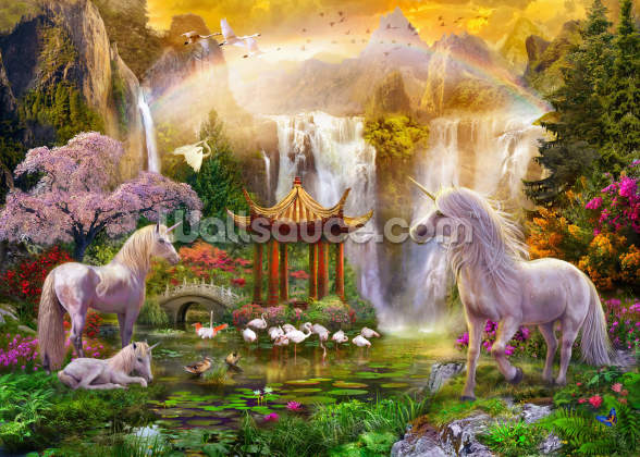unicorn on a cliff overlooking waterfall background