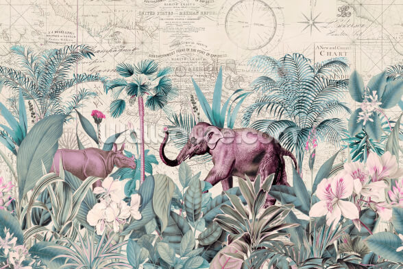 Pastel Elephant Vintage Map Wall Mural Wallsauce Dk