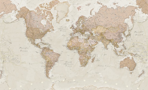 lysebrunt tilpassbart verdenskart tapetmaleri kalt Antique World Map av Lovell Johns for soverom