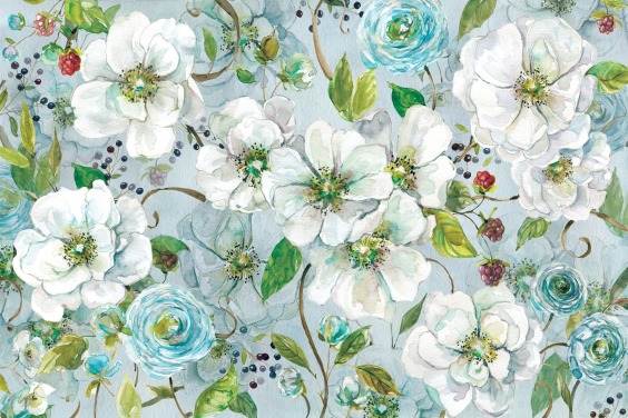 Witte roos en ranunculus muurschildering