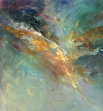 groene en gouden aanpasbare abstracte behangmuurschildering genaamd Intangable door Anne Farrall Doyle 
