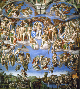 kunsttapet vægmaleri kaldet The Last Judgment af Michelangelo til lofter