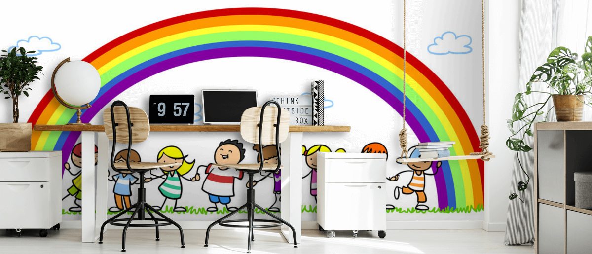 Holding Hands Under Rainbow Wallpaper Mural | Wallsauce US