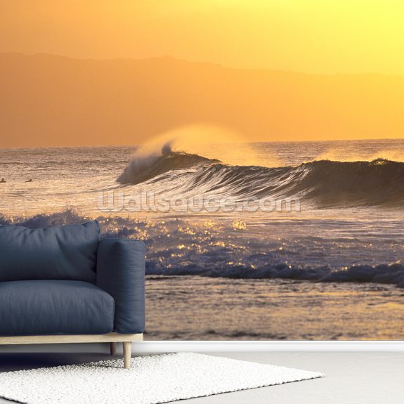 Wave At Sunset With Spray Wall Mural | Wallsauce UK