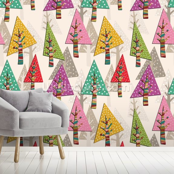 Colourful Christmas Trees Wallpaper Mural | Wallsauce UK