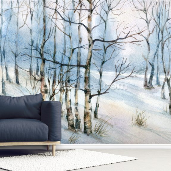 Winter Birch Tree Watercolor Wallpaper Mural | Wallsauce US