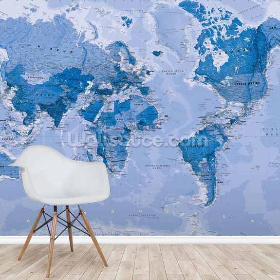 World Map Blue Wall Mural | Wallsauce US