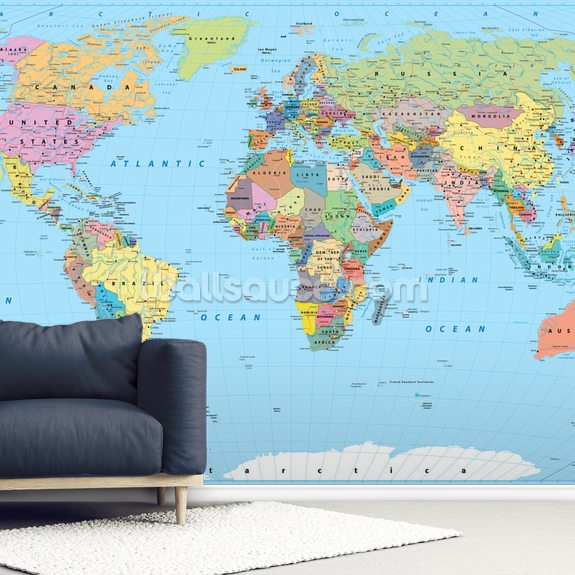 Coloured Map of the World Wallpaper Mural | Wallsauce UK