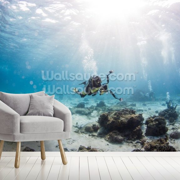 Scuba Diving On Coral Reef Underwater With Rays Light Background Wallsauce Us