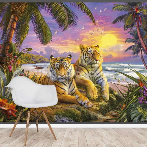 Tropical Sunset Tigers Wall Mural Wallsauce Us