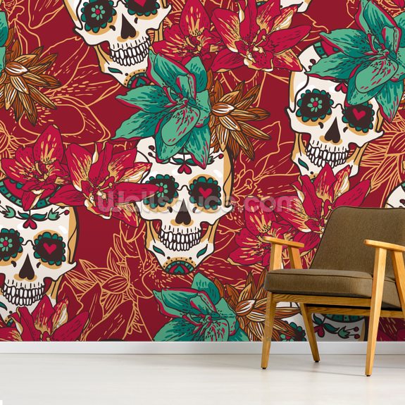 Tattoo Skull Hearts And Flowers Wallpaper Mural Wallsauce Us