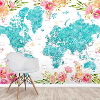 bright floral world map wallpaper wallsauce ca wallsauce com