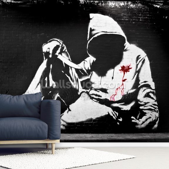 Banksy Hoodie with Knife Graffiti Wallpaper | Wallsauce US