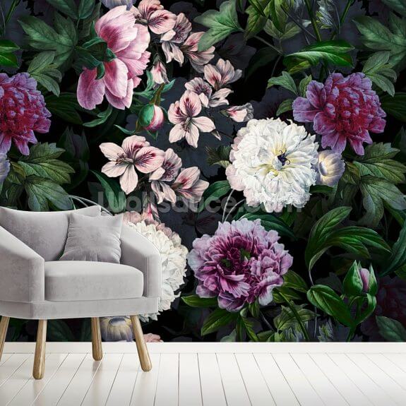 Moonlight Peonies Garden Wall Mural | Wallsauce US