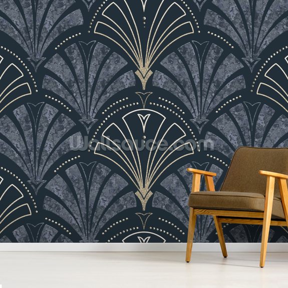 Blue and Gold Luxurious Art Deco Wallpaper, Classic Wall Mural