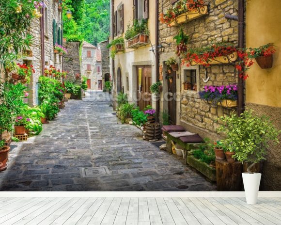 Tuscan Old Town Street Wallpaper Wall Mural | Wallsauce