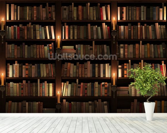 Bookcase and Candles Wallpaper Wall Mural | Wallsauce UK