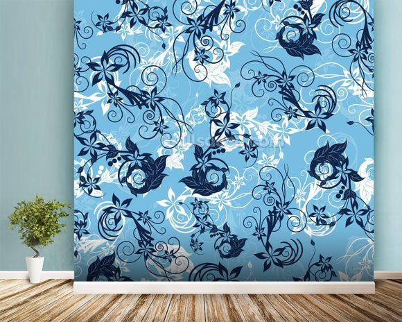 Floral - Blue Wallpaper Wall Mural | Wallsauce USA