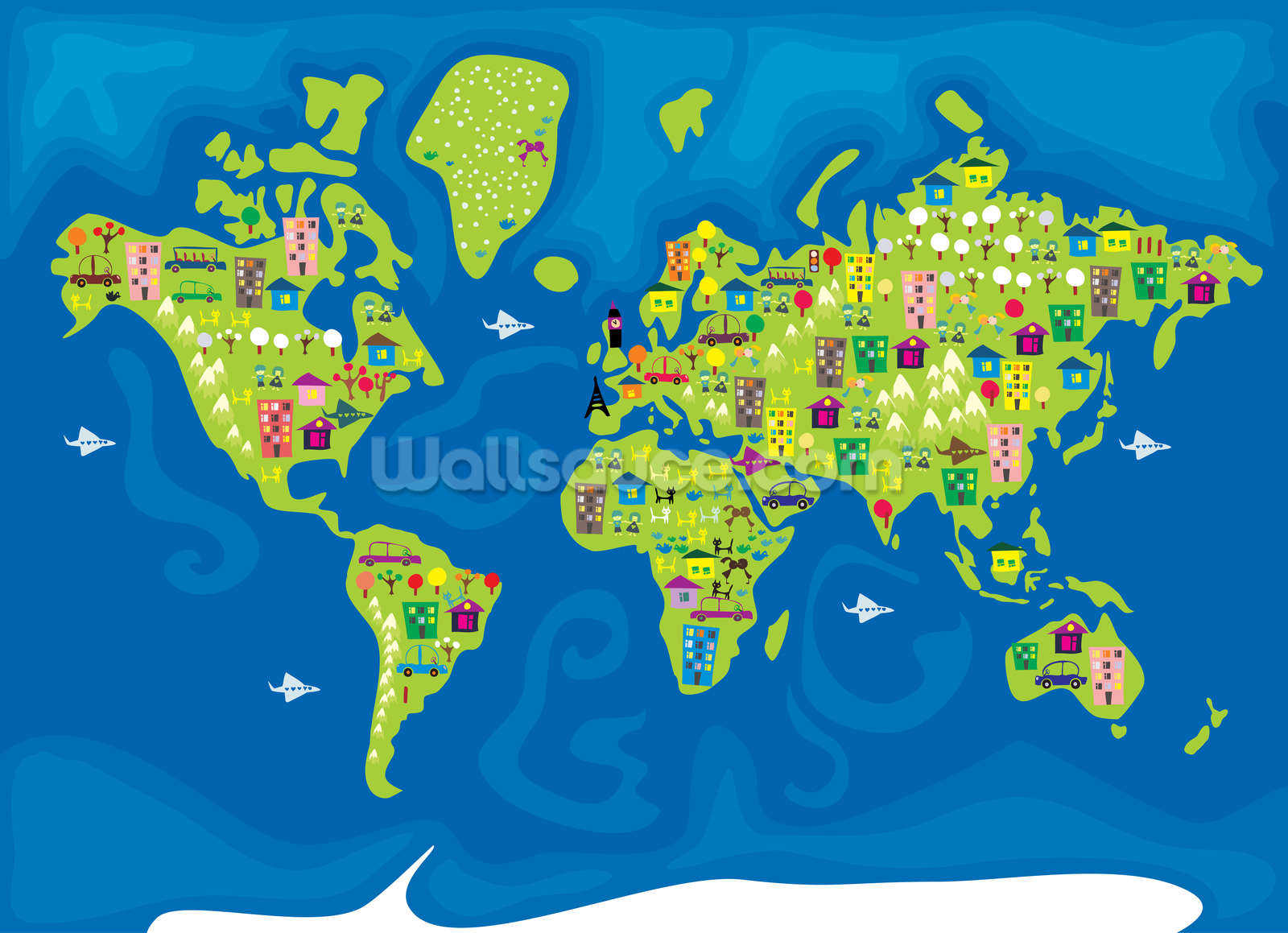 Cartoon World Map Wallpaper Wall Mural | Wallsauce USA