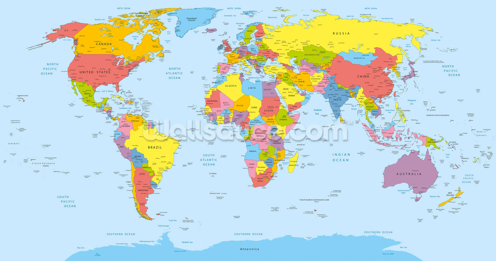 Colourful World Map Wallpaper Wall Mural | Wallsauce UK